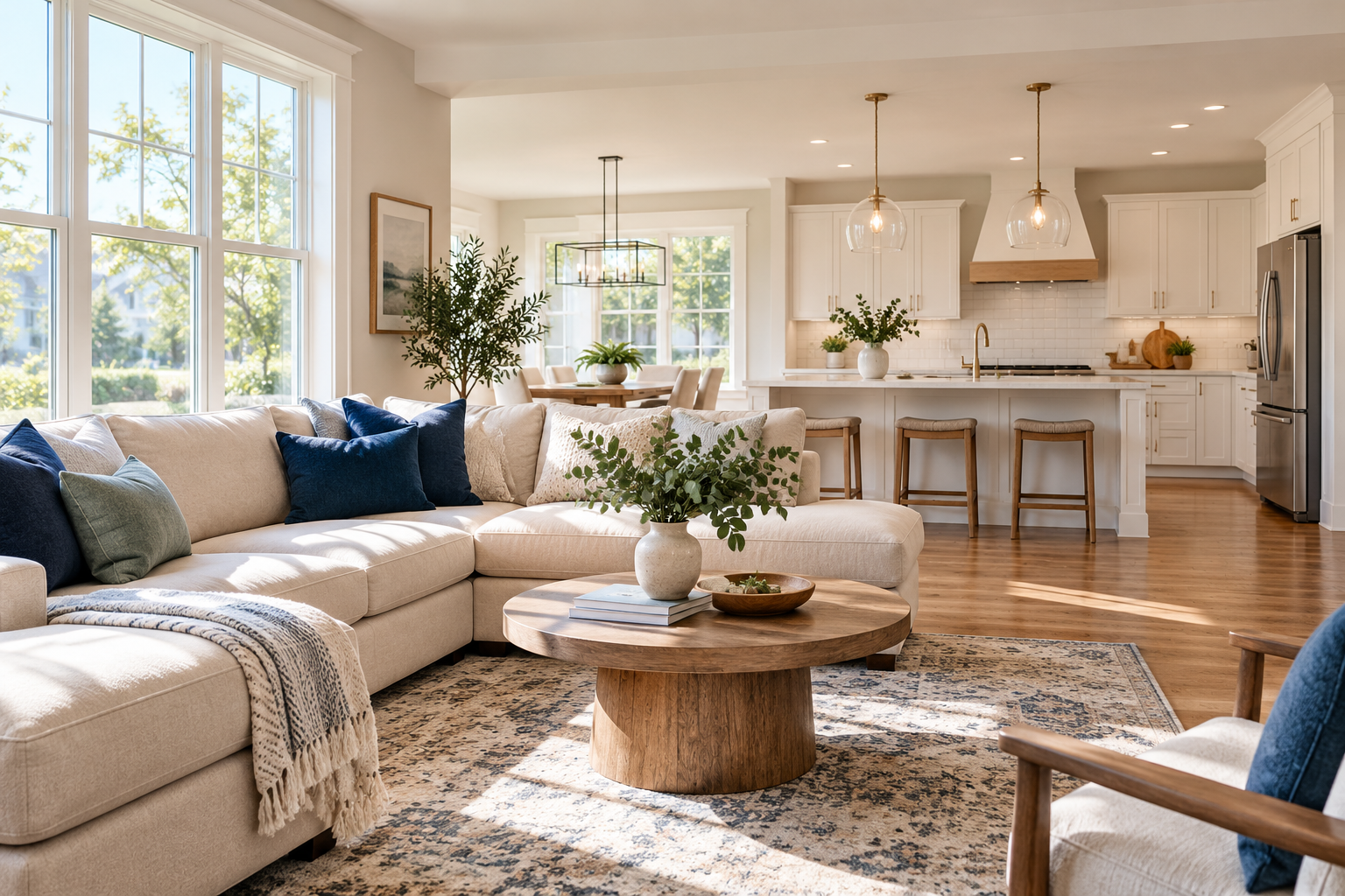 Illustrative sunlit living room with a tidy white kitchen and warm wood floors